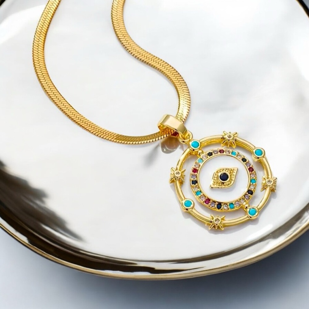 18k Gold- Plated Evil Eye Pendant Necklace with CZ Accents. New. - Picture 3 of 11